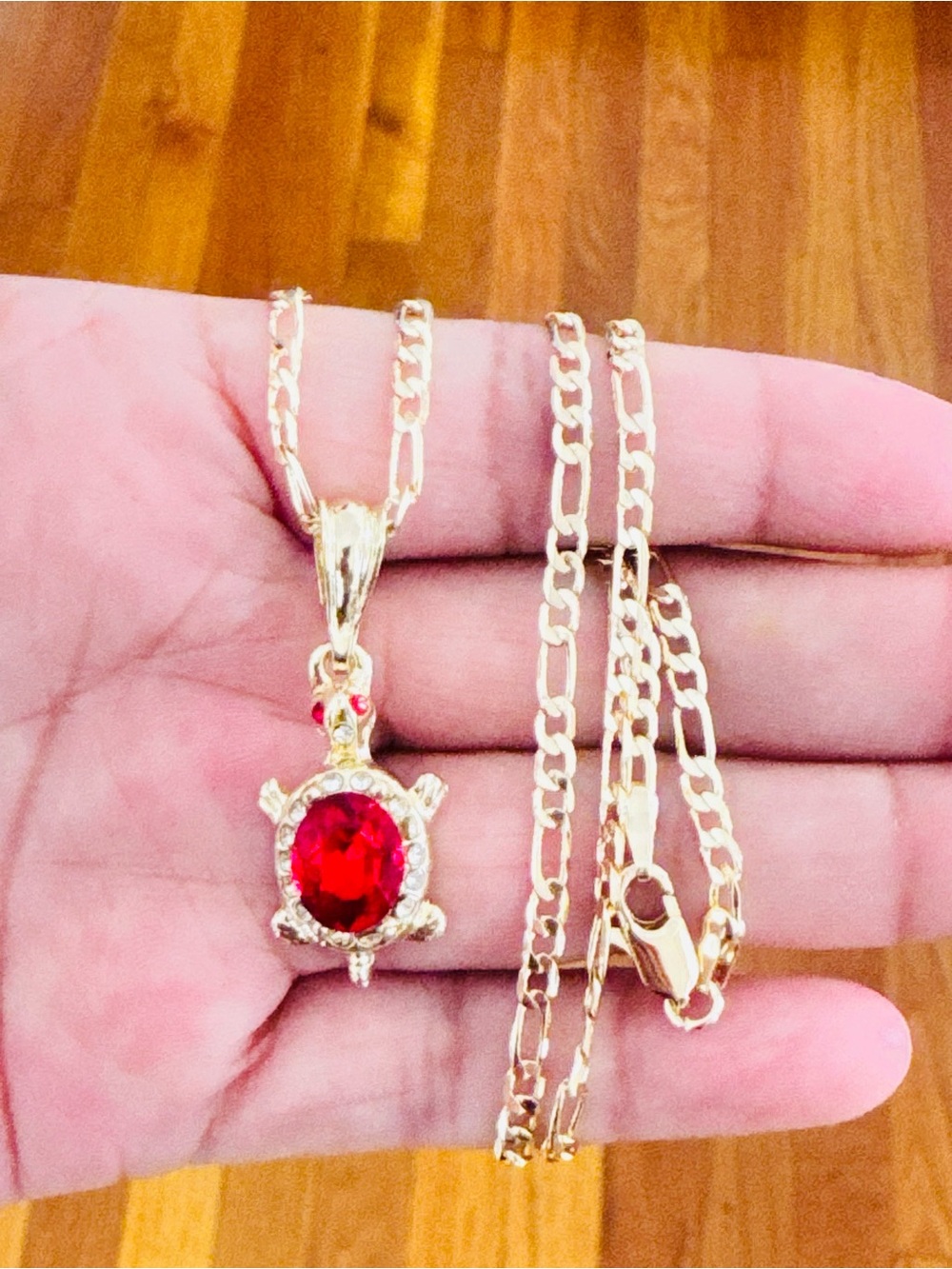 14K Gold Plated Turtle Pendant women’s Necklace with Red Gem. New